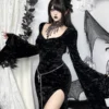 Wannathis Morticia Addams Gothic Black Velvet Maxi Dress – Bell Sleeve High Slit Long Evening Dress for Halloween & Cosplay