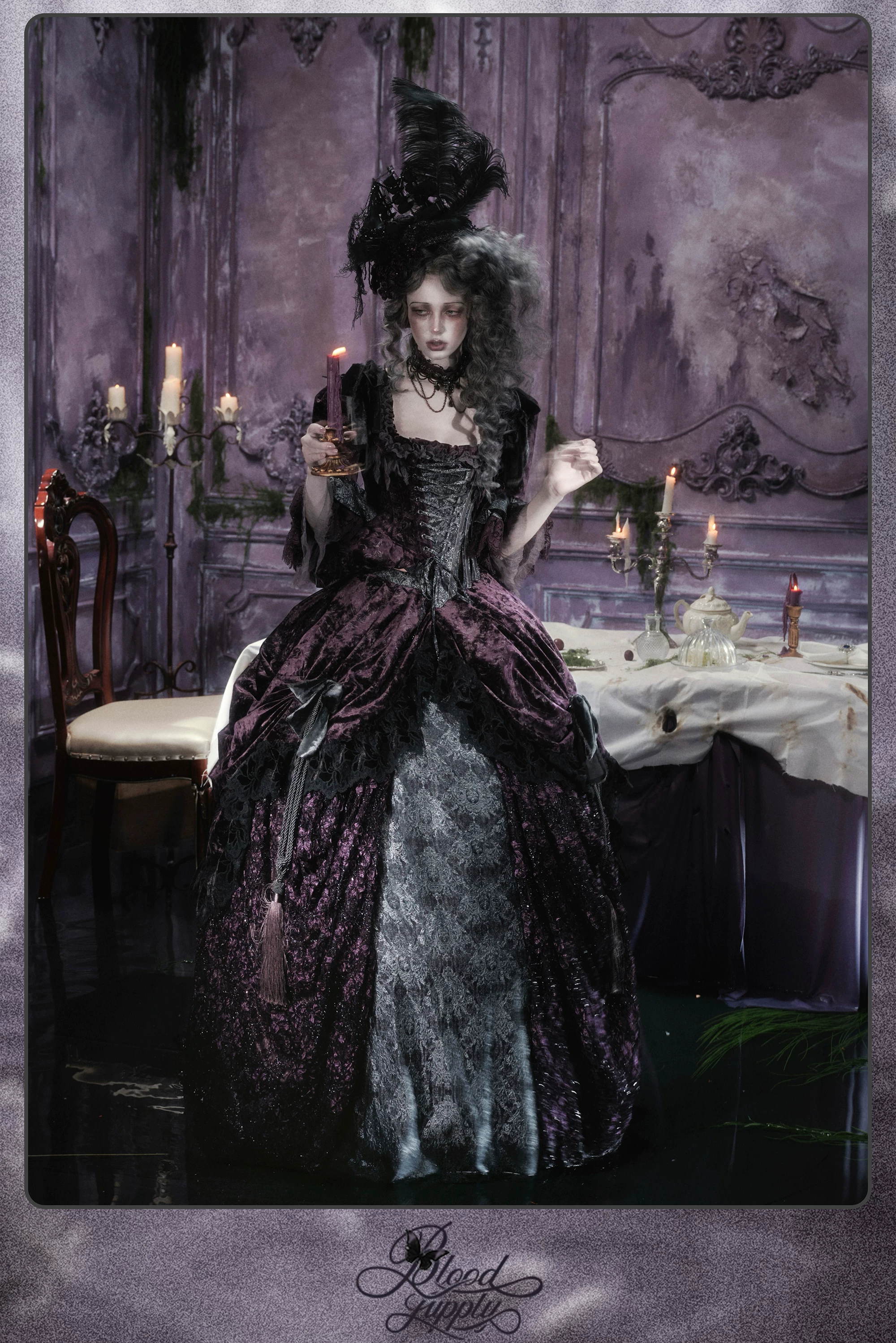 Blood Supply Original Gothic Dark Undead Relic Purple Boned Corset Dress Top - Vintage Lace-Up Halloween Evening Corset Top with Velvet Choker