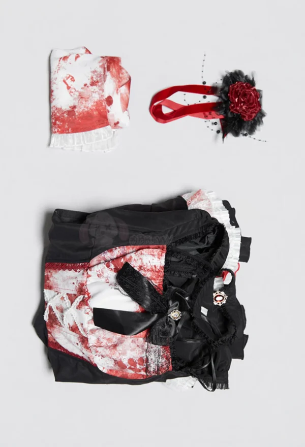Rebellious Gothic Bloody Maid Cosplay Costume Set – Dark Vampire Bell-Sleeve Dress with Blood-Splattered Apron for Halloween