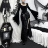 Wannathis Morticia Addams Gothic Black Velvet Maxi Dress – Bell Sleeve High Slit Long Evening Dress for Halloween & Cosplay