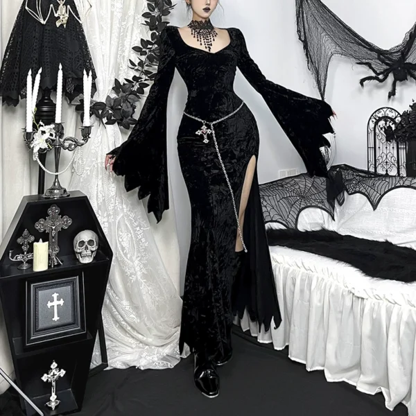 Wannathis Morticia Addams Gothic Black Velvet Maxi Dress – Bell Sleeve High Slit Long Evening Dress for Halloween & Cosplay
