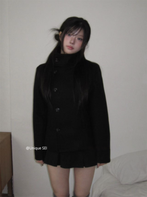 Unique SEI Women's Korean Vintage High Neck Double-Breasted Woolen Short Coat – Slim Fit Stand Collar Winter Pea Coat Jacket