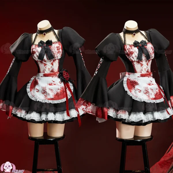 Rebellious Gothic Bloody Maid Cosplay Costume Set – Dark Vampire Bell-Sleeve Dress with Blood-Splattered Apron for Halloween