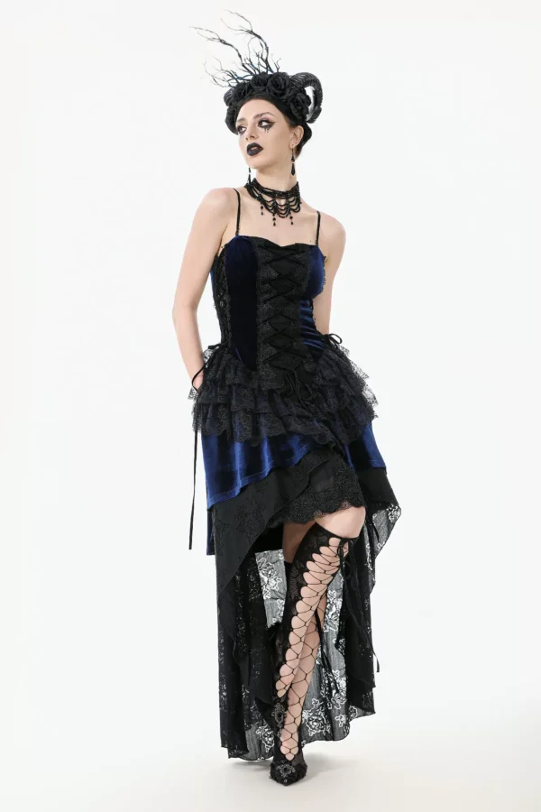 Dark in Love Royal Blue Velvet Gothic High-Low Corset Dress – Victorian Lace Evening Gown with Long Train (DW1113)