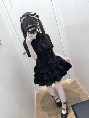 Pp Miao STUDIO Vintage Dark Gothic Ruffled Mini Dress – Japanese High Collar Bow Tied Lace-Up Corset Puffy OP Dress for Summer