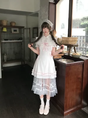 Pink Striped Jacquard Modern Hanfu Mini Dress – Sweet Side Tie Asian Fusion Short Sleeve Dress with Apron Overlay