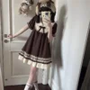 Pp Miao STUDIO Vintage Japanese Peter Pan Collar Mini Dress – Sweet Brown Pinstripe Doll Collar Bow Cottagecore Lolita Dress for Summer