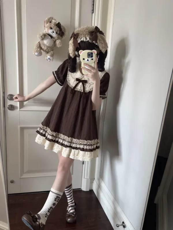 Pp Miao STUDIO Vintage Japanese Peter Pan Collar Mini Dress – Sweet Brown Pinstripe Doll Collar Bow Cottagecore Lolita Dress for Summer