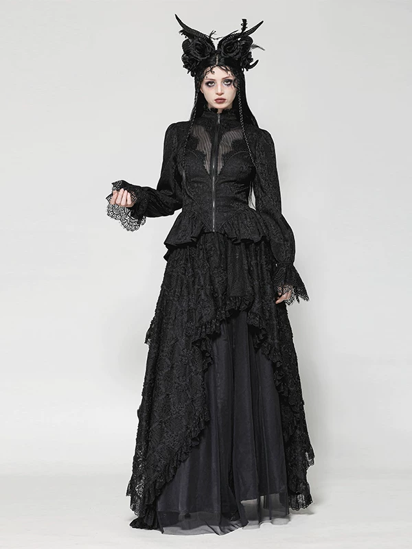 Dark in Love Gothic Swallowtail Coat – Victorian Lace Sheer High-Low Tailcoat Jacket with Back Corset Lacing (JW271)