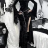 Wannathis Morticia Addams Gothic Black Velvet Maxi Dress – Bell Sleeve High Slit Long Evening Dress for Halloween & Cosplay