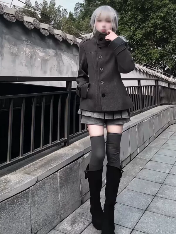 Japanese Vintage High Neck Woolen Short Coat & Pleated Skort Two-Piece Set – Preppy Autumn Winter Slim Fit Blazer Jacket & Skirt Set