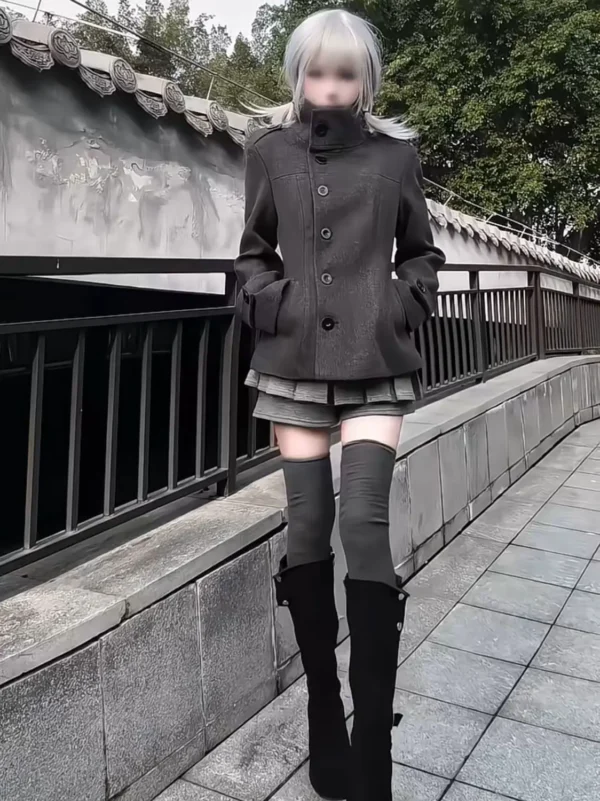 Japanese Vintage High Neck Woolen Short Coat & Pleated Skort Two-Piece Set – Preppy Autumn Winter Slim Fit Blazer Jacket & Skirt Set