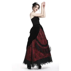 Dark in Love Gothic Black & Red Velvet Lace Maxi Skirt – Victorian Vampire Layered Long Skirt (KW133)