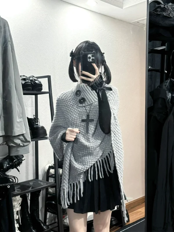 O1CN01YiI4cQ1EQW1WWAPu5_!!3400320346 YUNNNIE Vintage Turtleneck Knit Poncho Cape Sweater – Gothic Asymmetrical Fringe Shawl Top with Buttons for Autumn