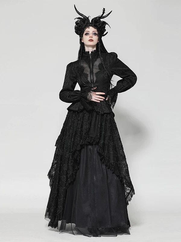 Dark in Love Gothic Swallowtail Coat – Victorian Lace Sheer High-Low Tailcoat Jacket with Back Corset Lacing (JW271)