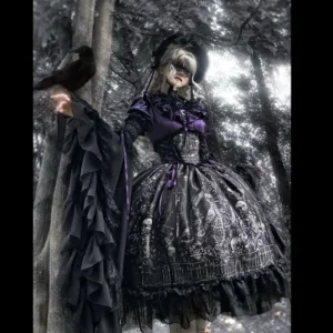 Skeleton in the Cage Dark Gothic Lolita Dress Set – Elegant Printed Corset Skirt, Blouse, Hime Sleeves & Bonnet Set