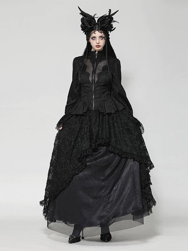 Dark in Love Gothic Swallowtail Coat – Victorian Lace Sheer High-Low Tailcoat Jacket with Back Corset Lacing (JW271)