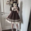 Pp Miao STUDIO Vintage Japanese Peter Pan Collar Mini Dress – Sweet Brown Pinstripe Doll Collar Bow Cottagecore Lolita Dress for Summer