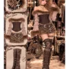 Y2K Gyaru Faux Fur Off-Shoulder Corset Top & Low-Waist Ruched Mini Skirt Set – Shibuya Style PU Leather Lace-Up Two-Piece Outfit