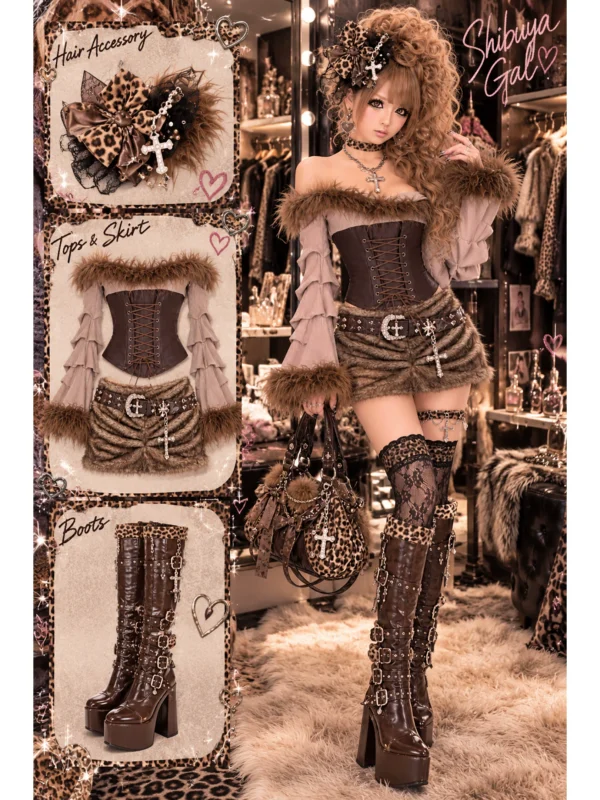 Y2K Gyaru Faux Fur Off-Shoulder Corset Top & Low-Waist Ruched Mini Skirt Set – Shibuya Style PU Leather Lace-Up Two-Piece Outfit