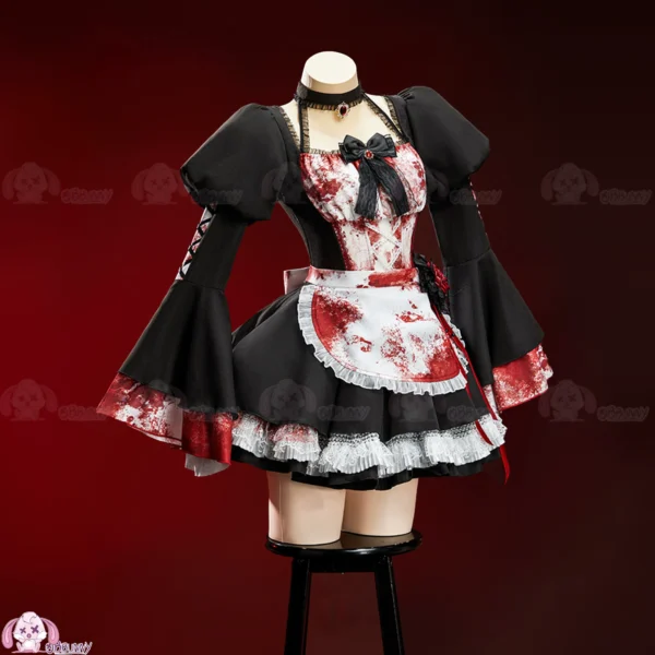 Rebellious Gothic Bloody Maid Cosplay Costume Set – Dark Vampire Bell-Sleeve Dress with Blood-Splattered Apron for Halloween