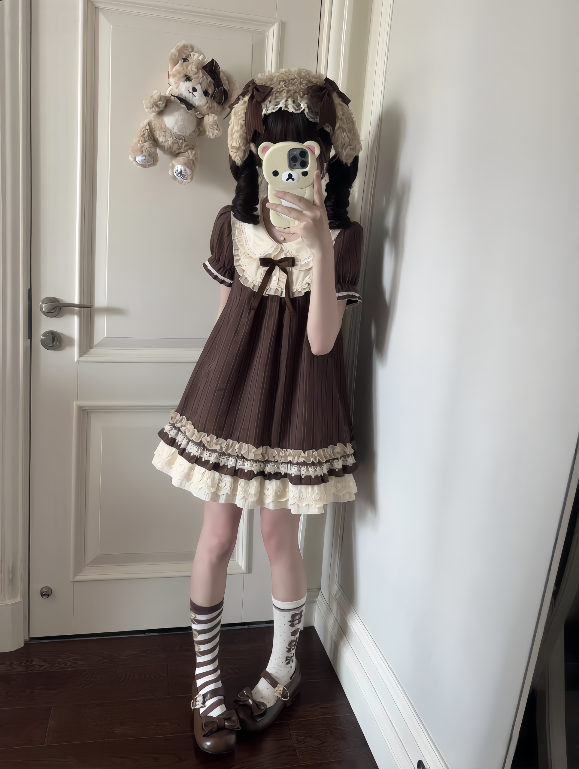 Pp Miao STUDIO Vintage Japanese Peter Pan Collar Mini Dress – Sweet Brown Pinstripe Doll Collar Bow Cottagecore Lolita Dress for Summer