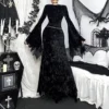 Wannathis Morticia Addams Gothic Black Velvet Maxi Dress – Bell Sleeve High Slit Long Evening Dress for Halloween & Cosplay