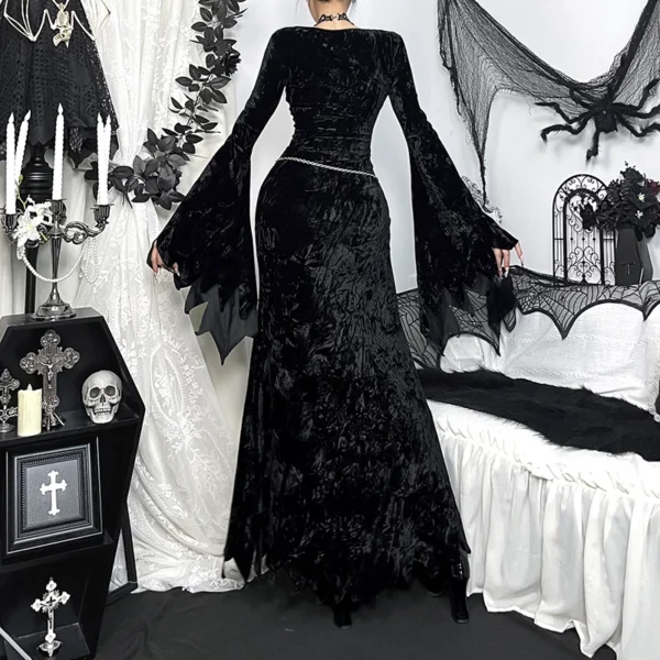 Wannathis Morticia Addams Gothic Black Velvet Maxi Dress – Bell Sleeve High Slit Long Evening Dress for Halloween & Cosplay