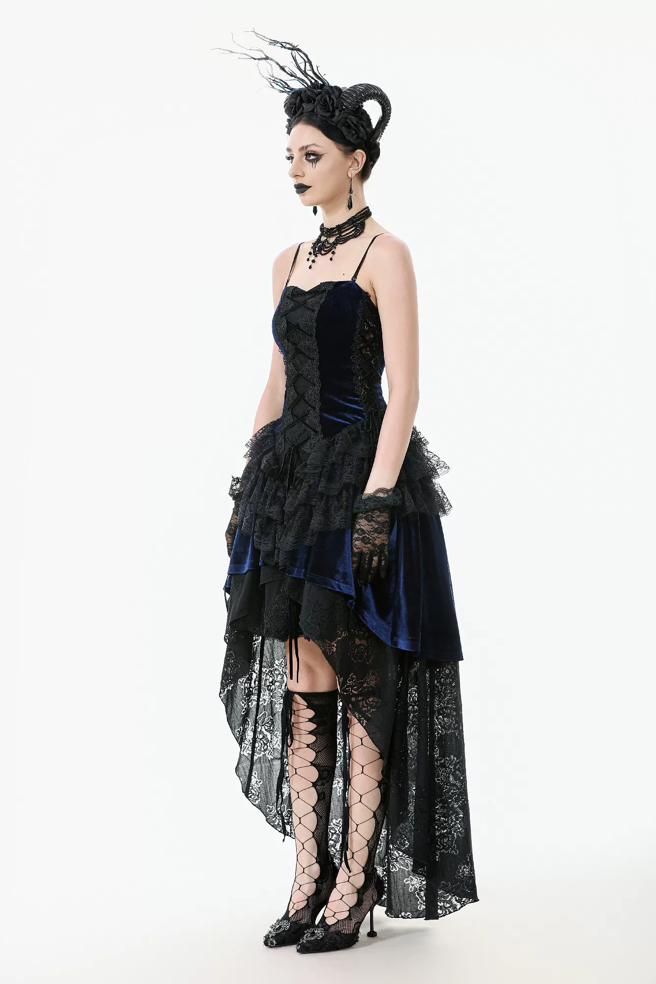Dark in Love Royal Blue Velvet Gothic High-Low Corset Dress – Victorian Lace Evening Gown with Long Train (DW1113)
