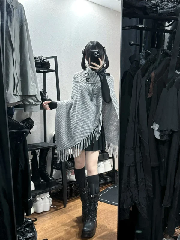 O1CN01oslXac1EQW1UKRElx_!!3400320346 YUNNNIE Vintage Turtleneck Knit Poncho Cape Sweater – Gothic Asymmetrical Fringe Shawl Top with Buttons for Autumn