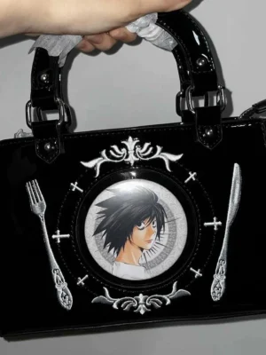 LoovissVarit Secret Banquet Gothic Mini Ita Bag – Dark Romantic Patent Leather Crossbody Shoulder Handbag for Anime Pins & Badges