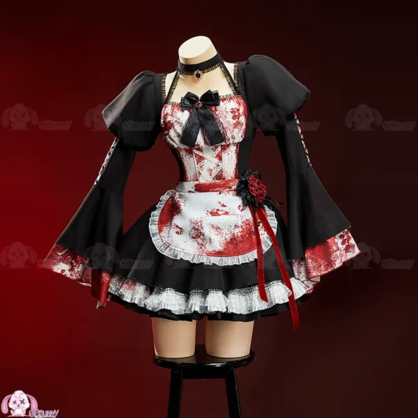 Rebellious Gothic Bloody Maid Cosplay Costume Set – Dark Vampire Bell-Sleeve Dress with Blood-Splattered Apron for Halloween