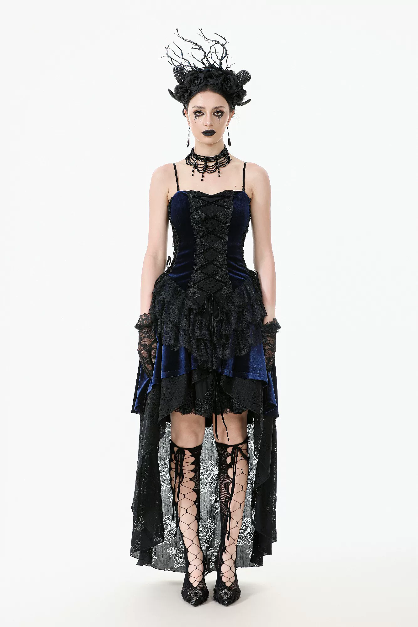 Dark in Love Royal Blue Velvet Gothic High-Low Corset Dress – Victorian Lace Evening Gown with Long Train (DW1113)