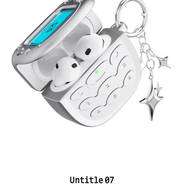 Defy Define Untitle07 Retro Y2K Flip Phone AirPods Case – Metallic Silver Protective Cover with Star Keychain for AirPods Pro 2, Pro, AirPods 4 & 3