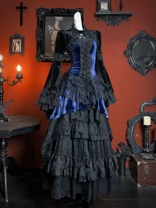 Dark in Love Royal Blue Velvet Gothic High-Low Corset Dress – Victorian Lace Evening Gown with Long Train (DW1113)